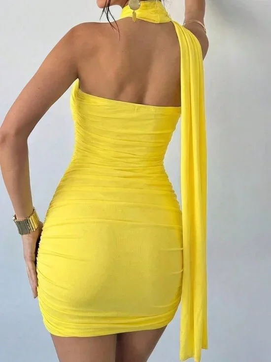 Yellow Elegant Women's Party Ruched Waist Mesh Overlay Strapless Tie Mini Dress - Picture 2 of 7